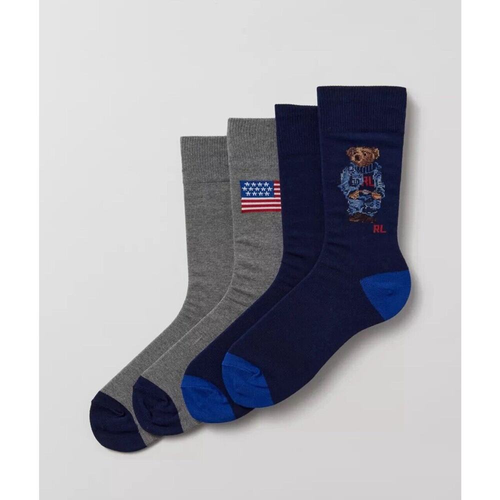 Polo Ralph Lauren American Bear Crew Athletic Socks 2-Pack‎ Blue Grey Flag
